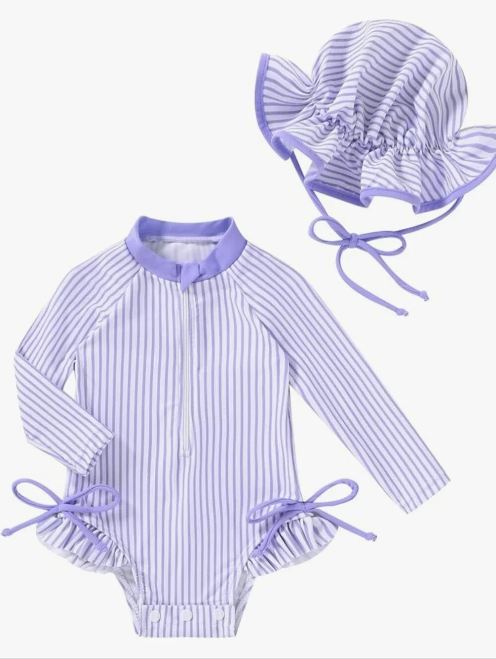 Lilac Striped Long-Sleeve Baby Rashguard Swim Set with Sun Hat. 6-9 Months. NWT.